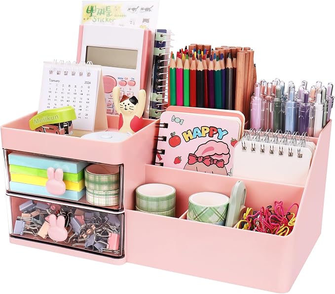 Meiikun Desk Organizer, Makeup Organizer with 2 Drawers, 7 Compartment & a Top Tray, Desktop Organizers and Storage for Women, Cute Home organization Bathroom, 11" x 5.7" x 4.7" (Pink)