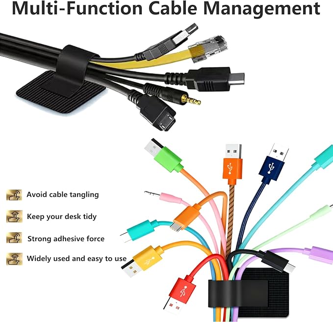 48Pcs Upgraded Under Desk Cable Ties - Self Adhesive Sticky Back Hook and Loop Straps, Wire Cord Management Organizers for Home Office