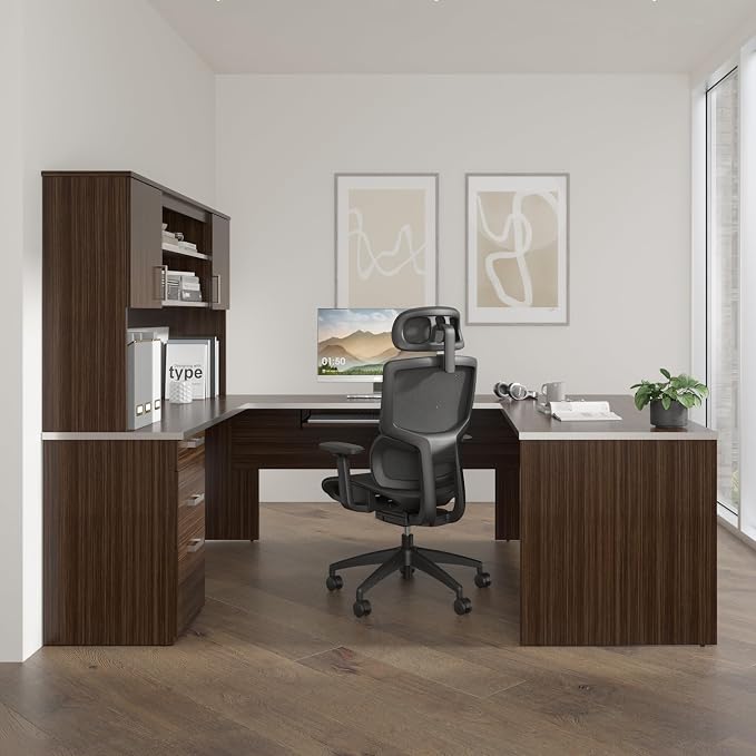 Bestar, Ridgeley Collection, Modern Executive Computer Desk with Pedestal and Hutch | With Pedestal and Hutch; Made in North America; for home or professional office use; 2 adjustable shelves; Metal construction