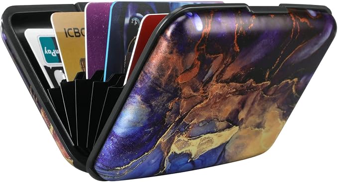 ELFISH Mini RFID Aluminum Wallet Credit Cards Holder Business Card Case Metal ID Case for Men Women（Gold Purple Marble
