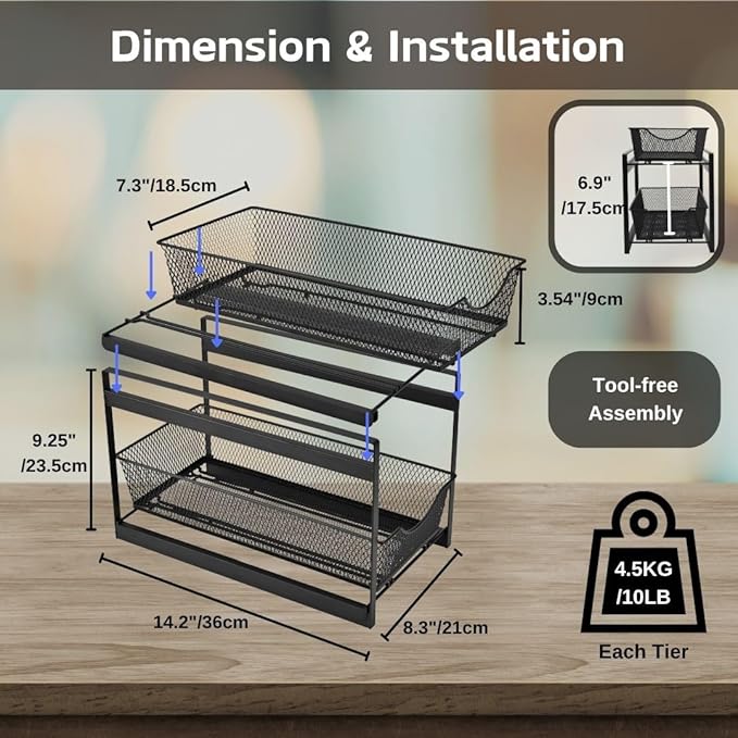 IBERG 2 Tier Bathroom Organizer with Pull Out Drawer, Under Sink Storage Organizer for Kitchen Cabinet, Metal Sliding Basket (Black)