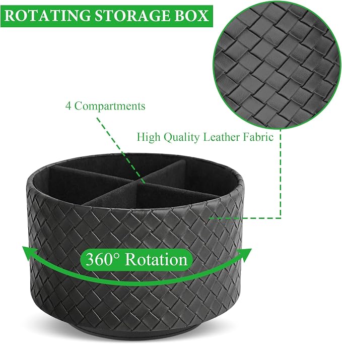 Round Leather Art Supply Organizer,Remote Control Holder,360 Degree Spinning,Multi-Functional Pencil Holder,4 Compartments Desktop Stationary Organizer(1-Weave Black)