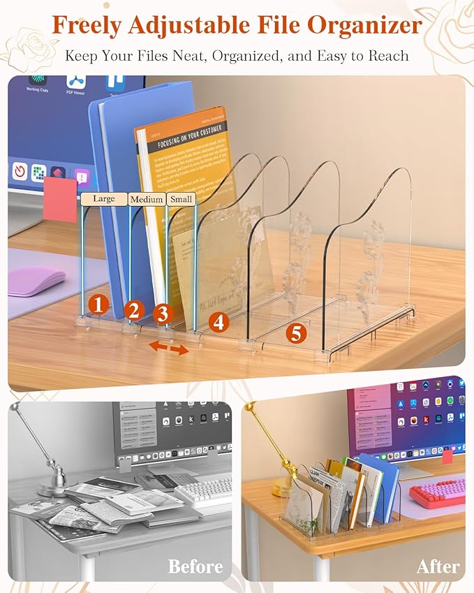 Adjustable Rose File Organizer for Desk, Vertical File Folder Holders for Magazines, Upright Desktop Binder Organizer, Clear Paper Bookshelf Divider File Sorter for School Office Supplies