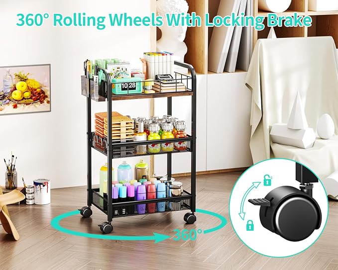 HapiRm 3 Tier Rolling Cart - Metal Utility Cart with Locking Wheels | Rolling Storage Cart Organizer with 2 Hanging Cup, 4 Hooks, Mesh Basket, Space-saver for Kitchen, Craft Art, Office, Bathroom