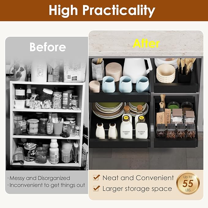 1 Pack Expandable Pull Out Cabinet Organizer 21" Deep, Adjustable Width 12.6"-20.5", No Drill Adhesive with Triple Track Rails, Heavy Duty Slide Out Drawers for Kitchen, Pantry, Cabinets,Black