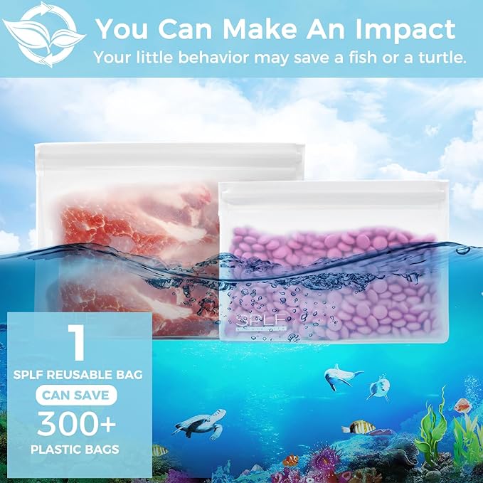 SPLF 6 Pack Dishwasher Safe Reusable Sandwich Bags, Quart freezer bags, Reusable Food Storage Bags, BPA FREE Stand Up Extra Thick Leakproof Silicone Free Zipper Snack Lunch Freezer Bags