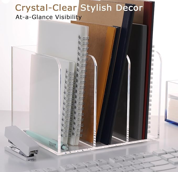 YUXUN Acrylic Desk File Organizer - 3 Section Vertical File Folder Rack, Clear Desktop Sorter for Home/Office/Classroom, Holds Magazines, Binders, Notebooks, Envelopes & Documents