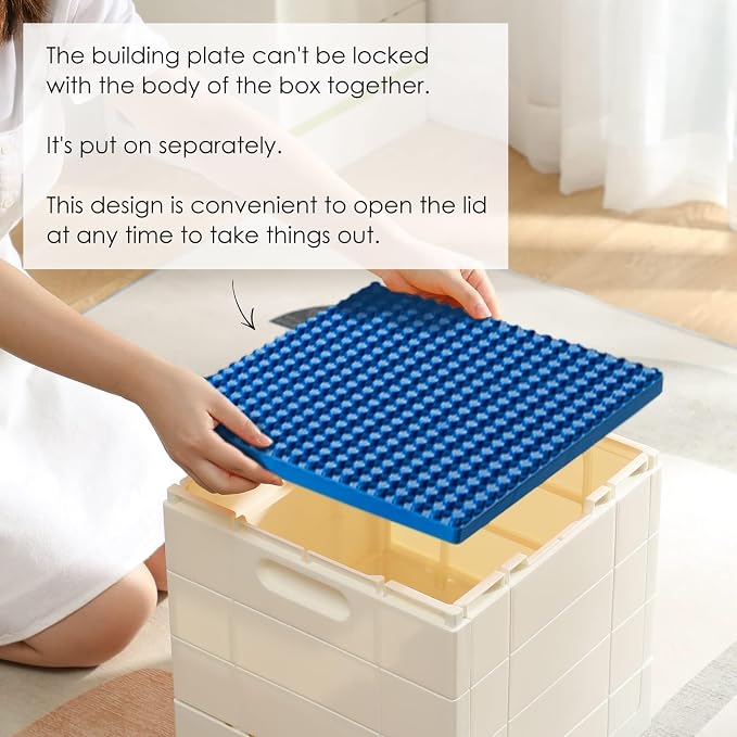 SHIMOYAMA Folding Storage Box with Building Lid for Duplo Blocks, 26 Qt. Foldable Toy Container, 25L Collapsible Storage Bin with Building Baseplate for Lego Bricks, Blue
