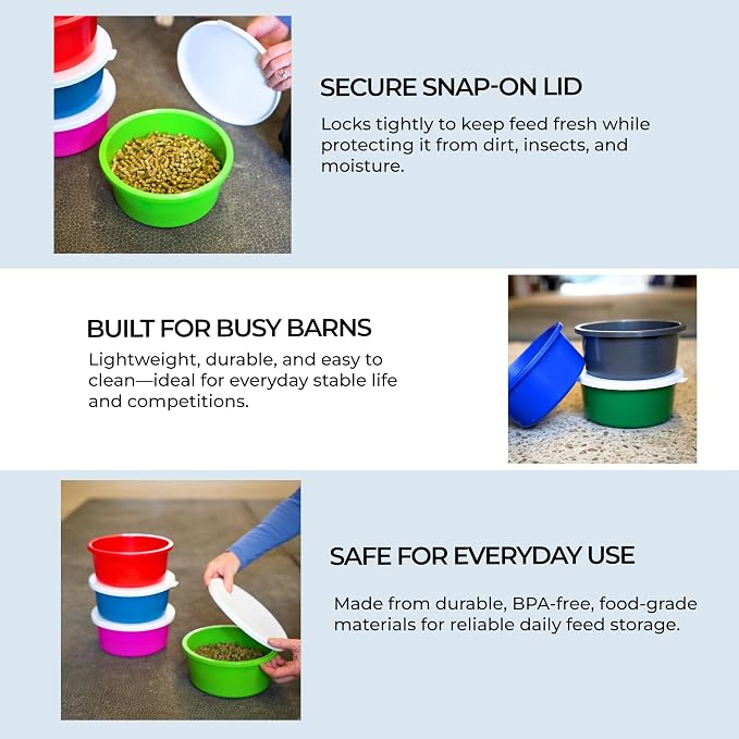 Correct Connect RCC Mini 1 Gallon Horse Feed Storage Bowl with Snap Lid, Feed Container for Treats and Supplements, BPA Free Food Grade Feed Bucket, Stackable (Light Blue)