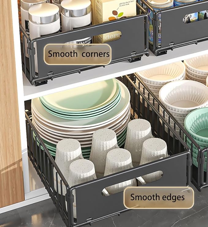 YunNasi Pull Out Cabinet Organizer Slide Out Drawer Storage Shelves Cupboard Organiser Sliding Cabinet Basket for Kitchen No Drilling and Nailing (Black, 2Piece 9.8" W X15 D X 7.5" H)