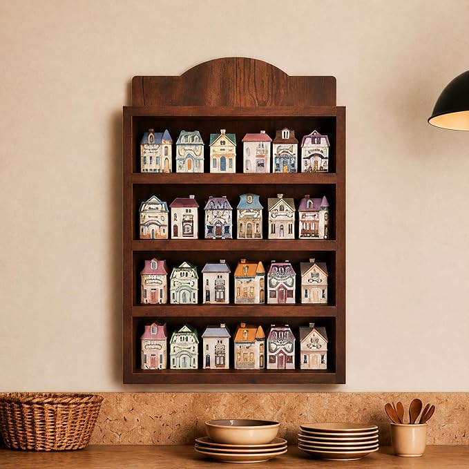 Vintage Spice Rack Wall Mounted, 4 Tier Wooden Spice Organizer Shelf for 24 House-Shaped Jars, Farmhouse Kitchen Decor Display Shelf, Rustic Brown