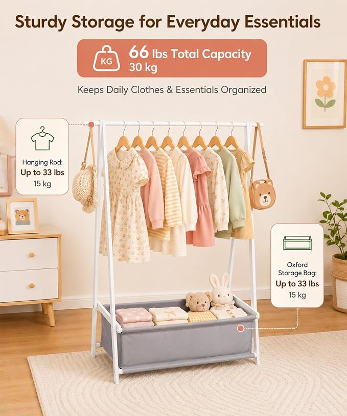 Homde Sturdy Kids Clothes Rack: 66 lb Capacity for Growing Wardrobe Needs | Hanging Rod Holds Clothes, Basket Stores Items Below - Helps Kids Build Tidy Habits - Angled Bamboo Side Frames Add Stability