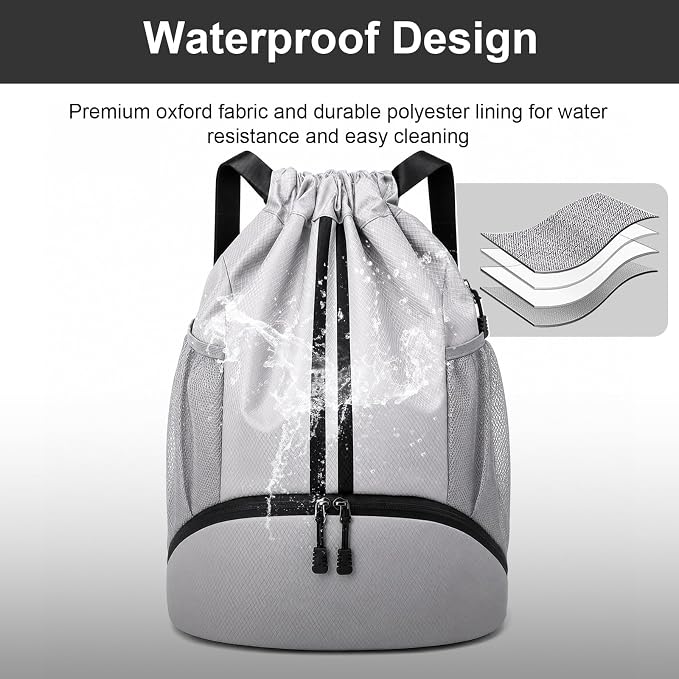 Hoedia Sports Drawstring Backpack - Swim Gym Bag for Women and Men | String Bag with Shoes Compartment and Wet Proof Pocket, Adjustable Wider Shoulder Strap, For Soccer, Basketabll, Volleyball