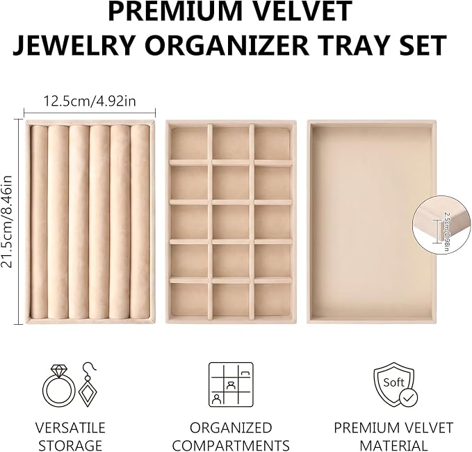 Hanging Jewelry Organizer & Drawer Trays Set - Double-Sided Wall Hanger for Necklaces & Earrings, 3 Stackable Velvet Storage Inserts for Rings & Bracelets - 5 Pack
