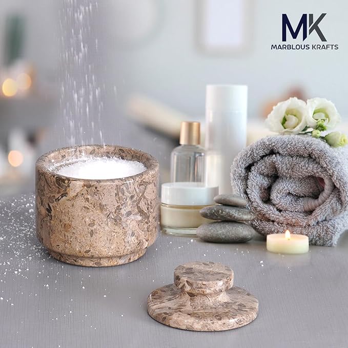 MARBLOUS KRAFTS Marble Salt Cellar with Lid 3" Oceanic Flaky Salt Bowl Kitchen Countertop Storage, Perfect for Small Spice Jar and Sugar Bowl