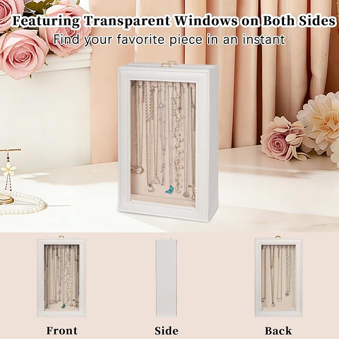 2-Layer Necklace Organizer Box with Double-Sided Clear Lid, White | Jewelry Storage Case, Anti-Tangle Necklaces Display Holder for Pendants Bracelets, Jewelry Organizer for Women Girls