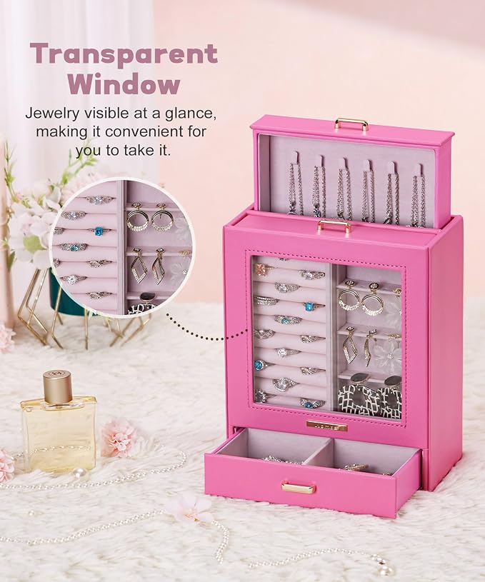Homde Display Jewelry Box for Girls: Starter Organizer with Clear Window | Vertical Drawers for Earrings Rings Necklaces - Compact Footprint Fits Small Vanities - Birthday&Graduation Gift for Teens