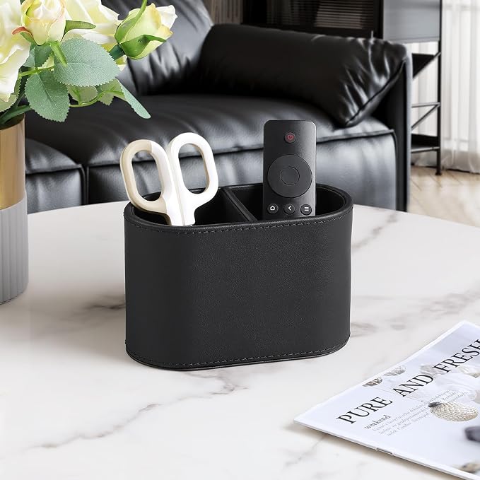 Pen Holder for Desk, Small Remote Control Holder, Black | 2-Compartment Oval Pencil Cup with Soft Velvet Lining, PU Leather Desktop Organizer Caddy for Home School Office Desk