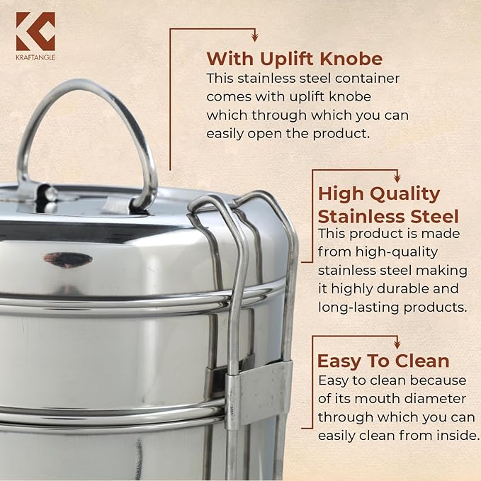 Indian-Tiffin Stainless Steel 3 Tier Large Lunch Box Snack Box/Food Container Airtight Leak Proof 3 Compartment Suitable for Office Use, Outdoor Lunches/Dining
