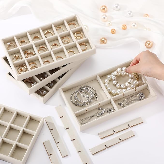 Highergo 8 Pcs Velvet Jewelry Trays Stackable Drawers Organizer Ring Earring Bracelet Necklace Storage Trays, 8.3x4.7x1''(18 Grids)