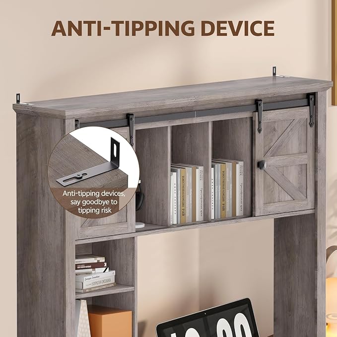 Large Desktop Bookshelf with Sliding Barn Door, 47.2''W Desk Shelf Display Rack, Desktop Organizer Storage Rack with 7 Cubbies and Drawer, Home, Desk Shelf for Office, Dorm, Vanity, Oak