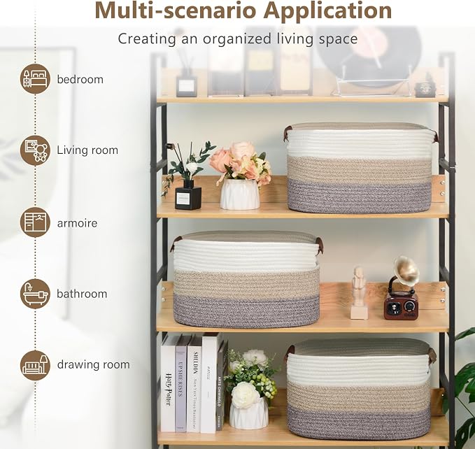 ECDYQXVU 15x10x9 Woven Cotton Rope Storage Basket, Leather Handles 2 Pack | Foldable Design, Sturdy PU Handles, Easy to Clean Organizer for Living Room, Closet, Shelves, Bedroom, Laundry, Clothes