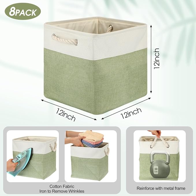 meekoo 8 Pack Collapsible Storage Bins Fabric Storage Bins Polyester Fabric Baskets with Handles Linen Closet Organizer for Shelf Home Closet Towels Toys(12 x 12 x 12 in,Green White)