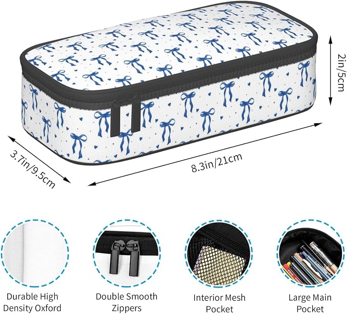 Blue Bow Large Pencil Case for Girls Boys, Pencil Pouch Pen Bag Kids Teen | Big Capacity with Flip Top Zipper Stationery Organizer Storage Back to School Supplies for School Office College Student