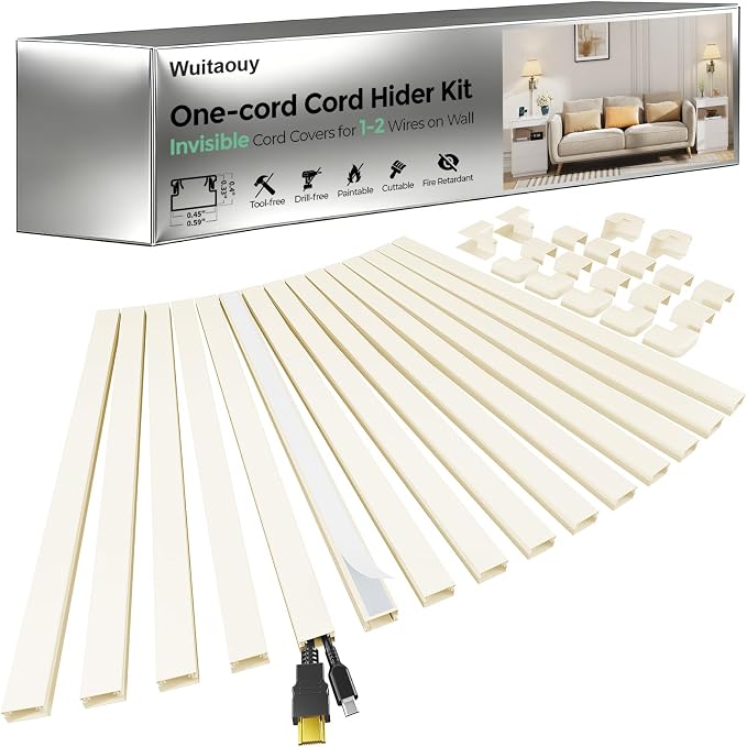 Beige Cord Hider, 212.6in Cord Covers for 1-2 Wires on Wall, Paintable Wire Hider Wire Covers for Cords on Walls, Easy Set-up Cable Hider Cable Raceway to Hide Cords on Wall, W0.59 H0.4in, Beige
