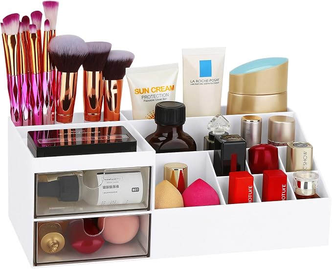 LETURE Desk Organizer, Cosmetic Makeup Vanity Organizer Box, Bathroom Counter Makeup Storage for Eyeshadows, Skin Care, Concealers, Powders, Nail Polish (White)