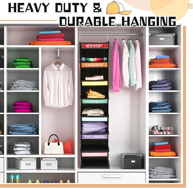 Amylove 2 Pcs 7 Shelf Weekly Clothes Organizer for Kids Hanging Closet Organizer 11. 8 x 11. 8 x 50 Inches Daily Activity Kids Clothes Storage Drawers Cube Drawers Closet Hanging Shelves(Black)