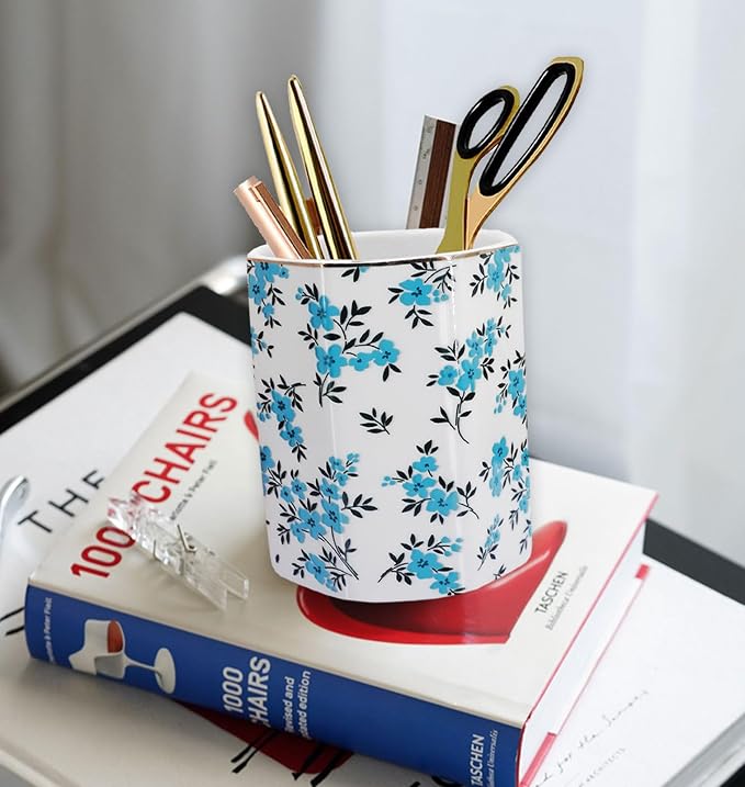 Pen Holder, Makeup Brush Holder Ceramic Shiny Gold Spring Floral Pattern Pencil Cup for Girls Kids Women Durable Stand Desk Organizer Storage Gift for Office, Classroom, Home (Teal Blue)