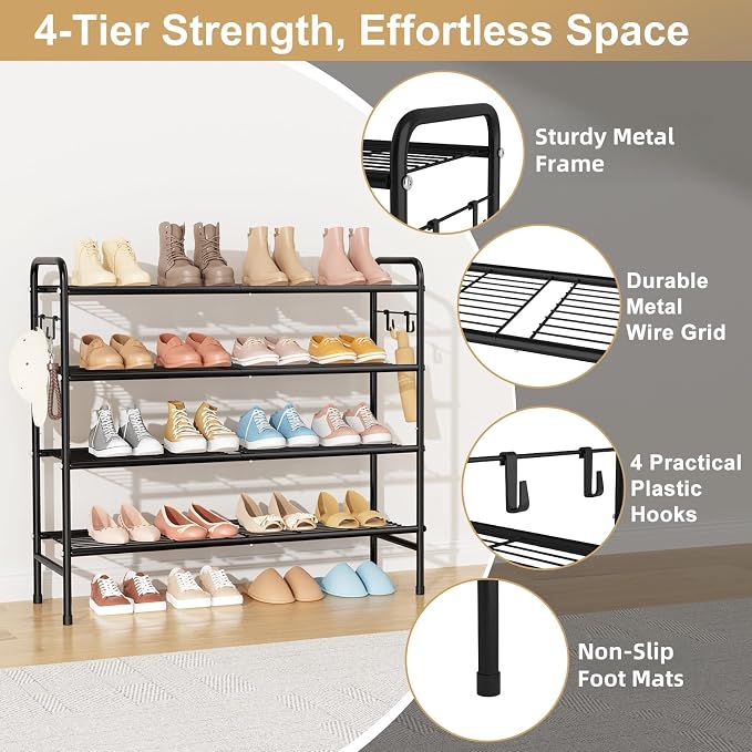 VILICK 4-Tier Shoe Rack 33" Wide Metal Shoe Organizer Long Shoe Storage with 4 Side Hooks Sturdy Shoes Shelf for Closet, Front Door Entrance, Garage, Dorm, Black