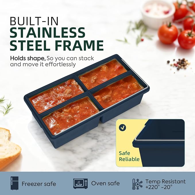 Silicone Freezer Molds for Soup with Lid - 1 Cup Capacity Soup Freezer Container, Large Ice Cube Mold - With Reinforced Steel Ring Top Lid, Oven and Dishwasher Safe, Meal Prep & Food Storage - 2-Pack