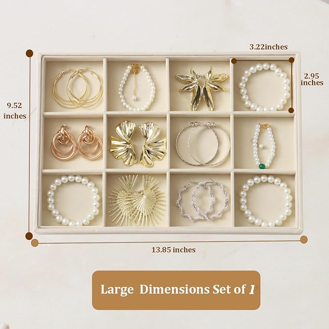 Large Jewelry Organizer for Drawer Insert Velvet Stackable Jewelry Trays for Earring Necklace Bracelet Ring Display (Beige, 12 Grids)