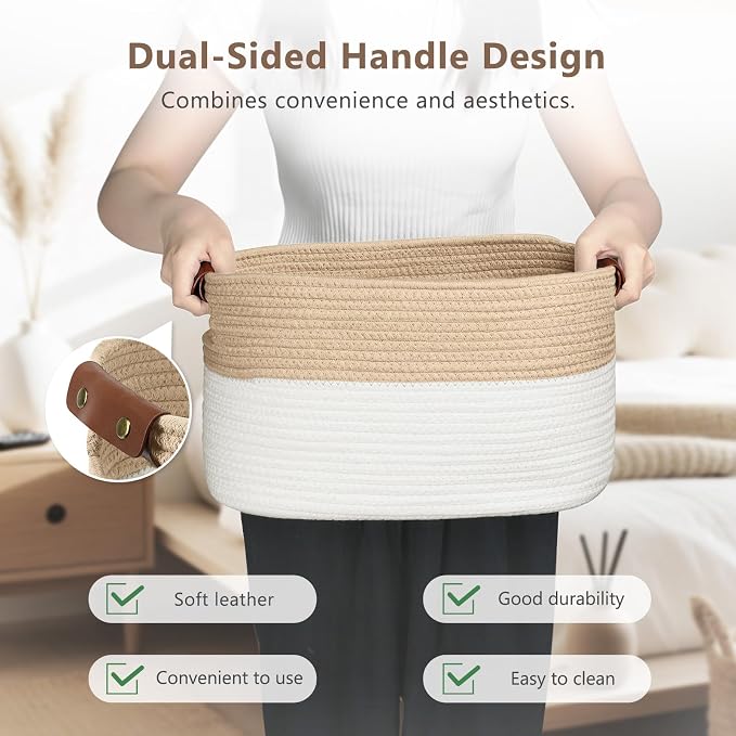 ECDYQXVU 15x10x9 Woven Cotton Rope Storage Basket, Leather Handles 3 Pack | Foldable Design, Sturdy PU Handles, Easy to Clean Organizer for Living Room, Closet, Shelves, Bedroom, Laundry, Clothes