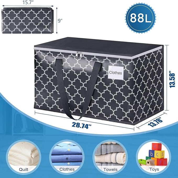 Extra Large Moving Bags, Heavy-Duty Storage Totes with Zipper Top and Sturdy Handles, Moving Supplies for Space Saving and Packing, Collapsible Storage Bags, Black & Gray, 88L, 2-Pack
