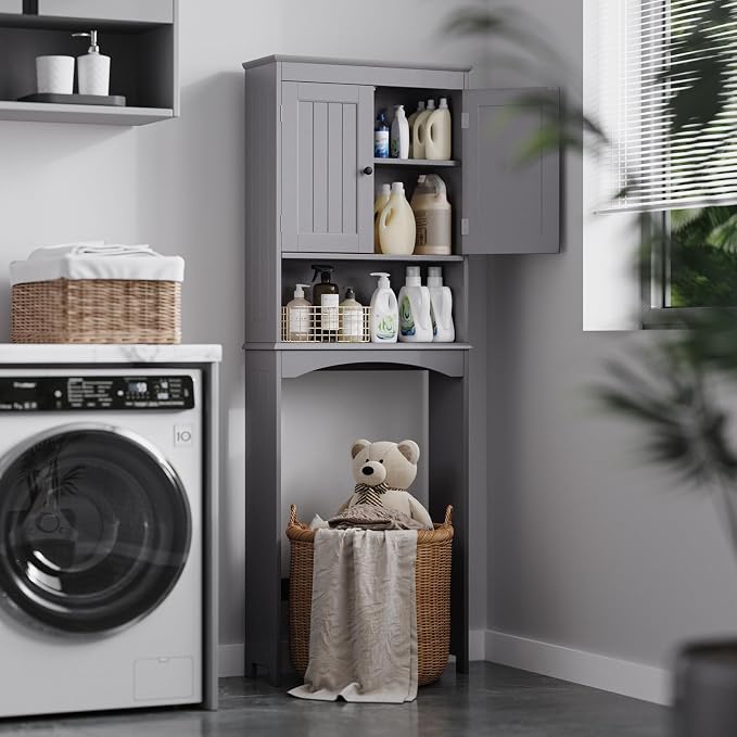 Bealife Over The Toilet Storage Cabinet with Open Shelf - Grey | Over Toilet Bathroom Organizer with Adjustable Shelf and Double Doors, Space Saver Free Standing Storage Shelf for Bathroom