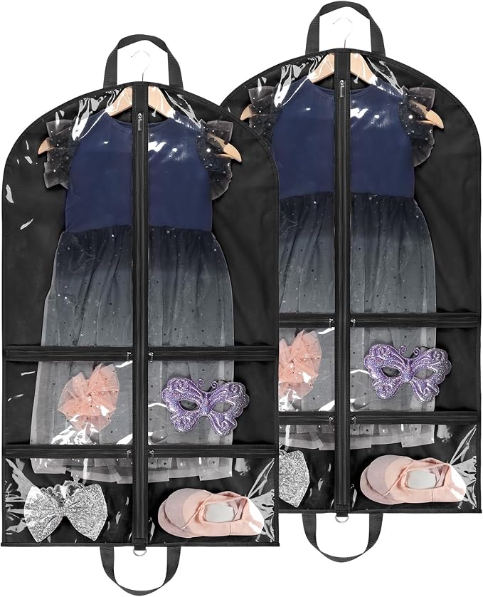 KEEGH 40 inch Clear Garment Bags for Dance Costumes, 2 Pack, Black | 4 Zipper Pockets, for Dance Competitions, Ballet, Theatre, Dance Garment Bags for Dancers, Hanging Clothes for Closet Storage