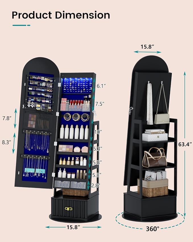 Vlsrka Arched LED Mirror Jewelry Cabinet with Full Length Mirror, Black | Lockable Jewelry Armoire Cabinet, 360° Swivel Jewelry Organizer with Drawer Storage, Foldable Makeup Shelf, 2 Rear Hooks
