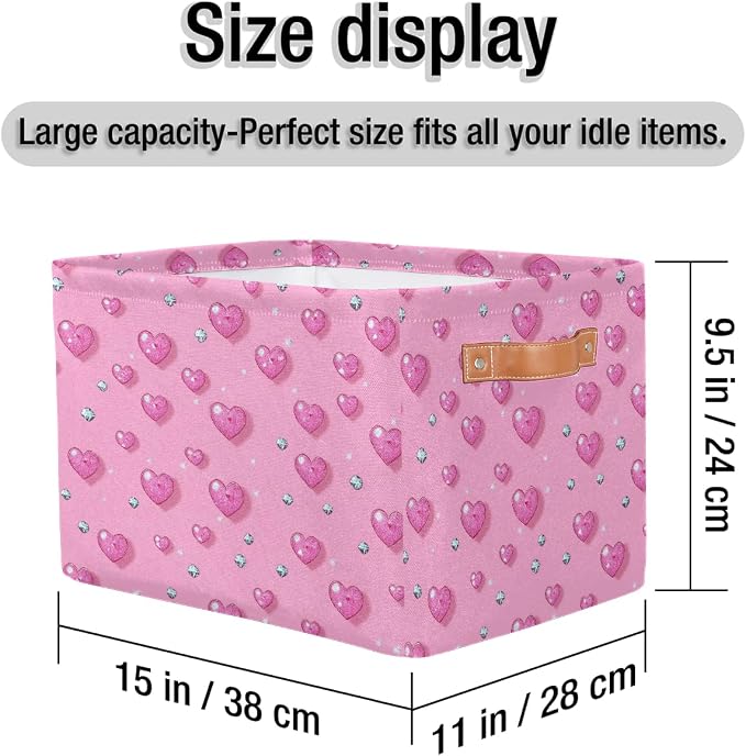 Cube Storage Bins for Shelves, Glitter Pink Hearts And Diamond Collapsible Fabric Toys Storage Basket Box with Handles for Home Office Bedroom Closet