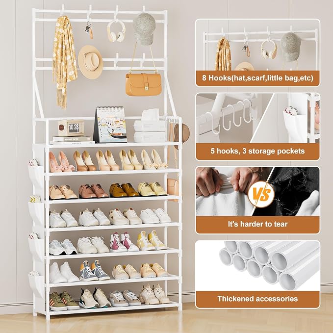 OYREL Shoe Rack 7 Tier Sturdy Shoe Racks Organizer for Closet | 28-35 Pairs Large Capacity Shoe Storage Rack with Multifunctional 5 Hooks and Side Pocket for Entrance Entryway