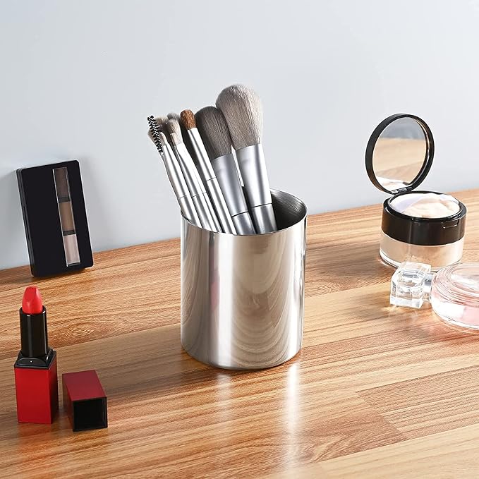 Silver Pen Holder for Desk, SUS304 Stainless Steel Heavy Duty Pen Holder Stand,Cylinder Pencil Holder,Desktop Stationery Organizer