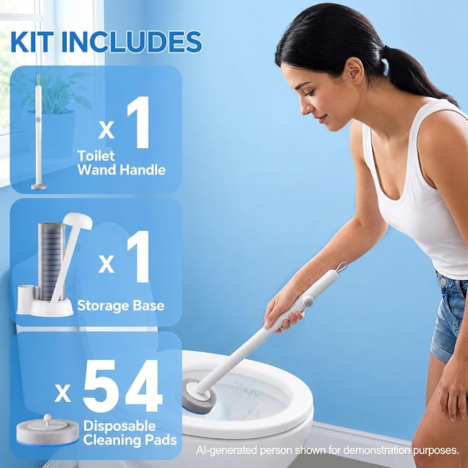 Spreezy Disposable Toilet Brush and Holder Set, Touch Free Wand, 54 Refills | Soft Spong Heads, Hands-free Eject Design, Hygienic Disposable Cleaning System, Bathroom Dorm RV Use, Floor Standing Caddy