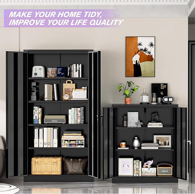 Superday Metal Storage Cabinets, 72" Storage Cabinet with Locking Door, Tall Garage Cabinet with 2 Doors and 4 Adjustable Shelves for Home Office, Classroom, Easy Assemble(Black)