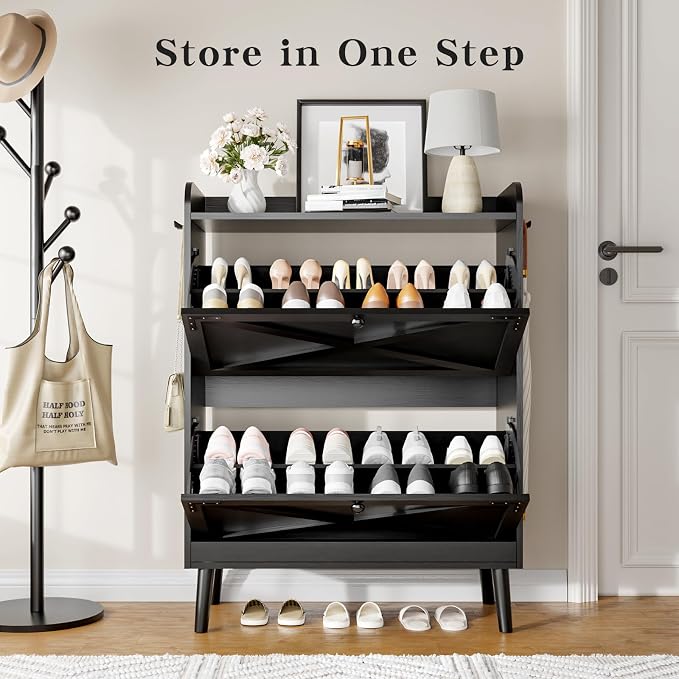 Shoe Storage Cabinet with 2 Flip Drawers & Adjustable Shelves, Freestanding Shoe Cabinet with Side Hooks Narrow Shoe Rack Cabinet for Entryway,Black