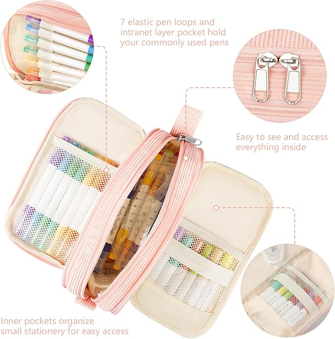 TESAFNG Corduroy Pencil Case, Large Capacity Pencil Pouch with 4 Compartments, Cute Soft Aesthetic Stationery Pen Bag Organizer with Zipper, Portable School Supplies for Teen and Adult Girls, Pink