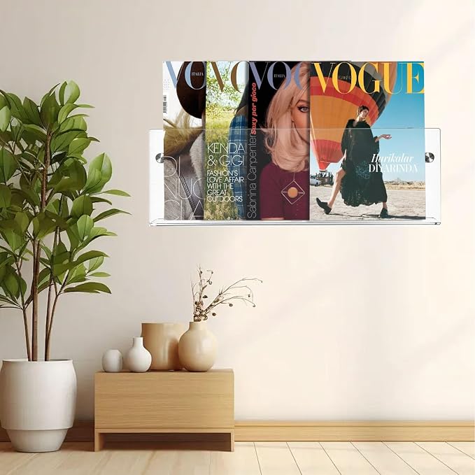 2-Pack Clear Acrylic Magazine Holder Brochure Holder, 24 Inch Hanging Magazine Rack with Hardware, Floating Bookshelf Brochure Display Organizer for Home, Office, Reception Area