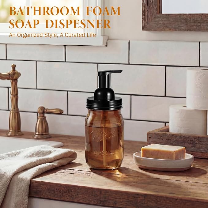 Amolliar Plastic Mason Jar Foaming Soap Dispenser Pump Lid, 16oz Foam Soap Dispenser with Cute Lables - Amber Refillable Hand Soap Dispenser for Bathroom Kitchen Shower (2 Pack, Black)