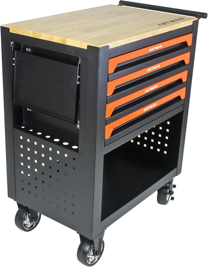36" Tool Box with Wheels 4 Drawers Rolling Tool Cart, Wooden Top Workbench, 660lbs Total load Tool Cabinet with Locked Drawers Storage Organizer Cabinet for Garage, Warehouse, Repair Shop - Orange